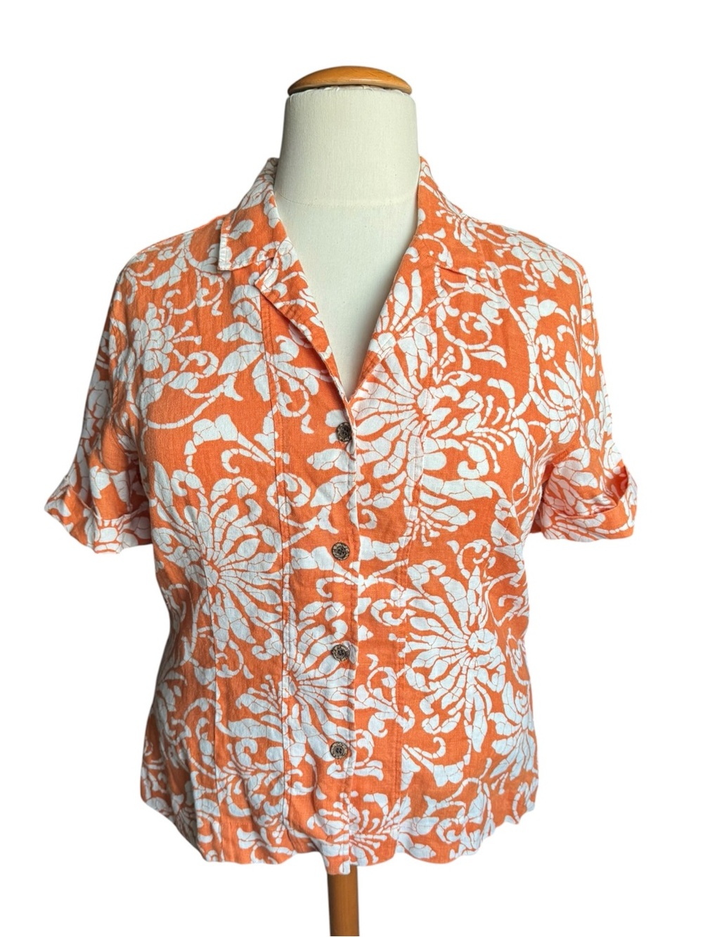 Chico’s Size 3 XL 100% Linen Orange Floral Button Front Shirt Coastal Resort